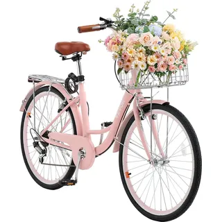 Vevor Cruiser Fahrrad mit 7 Gängen (Reifendurchmesser 660,4 mm) Beach Fahrrad mit großem Korb & Gepäckträger, Cruiser-Fahrrad mit verstellbarem Sitz, für Radfahren Trainieren & Rosa