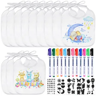 Faburo 12 Stück Lätzchen zum Bemalen, Lätzchen Baby (18*18cm) für Babyparty Spiele Babyparty Deko Babyshower Party Gender Reveal, Baby Lätzchen zum Bemalen Set mit 12 bunten Textilstifte 5 Schablonen