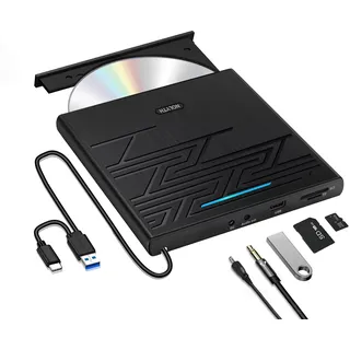 NOLYTH Externes DVD Laufwerk Extern USB 3.0 Type-C Tragbar CD/DVD RW Brenner mit USB/SD/TF Port & Audio Out, Externe CD Laufwerk Player für Laptop PC Windows 11/10 Mac MacBook iMac