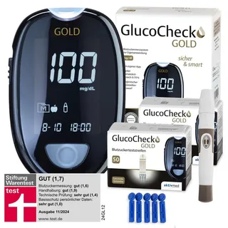 aktivmed GlucoCheck GOLD Blutzuckermessgerät mg/dl + 110 Teststreifen, 10 Lanzetten, 1 Stechhilfe, 1 Etui