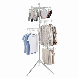 Relaxdays Wäscheständer Kleiderbügel 27 Bügel 24 Klammern 170 cm hoch klappbar Silber/Weiß