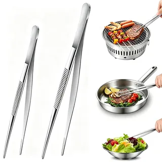 2 Stück Set Pinzette Küche, Küchenpinzette, Kochpinzette Edelstahl, Grillzange, Zange Küche, Verwendbar Als Profi Zange Pinzette für Kochen Grillen und Backen (20cm+30cm)