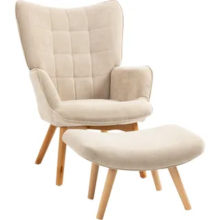 Homcom Ohrensessel mit Hocker, Relaxsessel, Polstersessel in Cord-Optik, Loungesessel, Armlehnstuhl mit Holzbeine, Fernsehsessel für Wohnzimmer, Beige