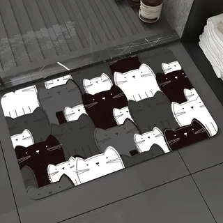 KDWJS Badematte rutschfest Super Absorbierende Badezimmerteppich,Waschbar Duschvorleger,Badewannen undBadezimmer,Niedliches schwarz-weiß-graues Katzenmotiv-Wiederholungsmuster mit Einer LUS,40x60 cm