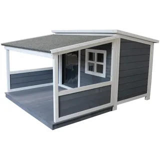 SunnyDogs Hundehütte aus Massivholz | wetterfeste Hundehütten mit Pultdach | isoliertes Hundehaus | Outdoor Hütte mit Vordach, Terrasse & Fenster | B 139 x T 115,5 x H 82 cm