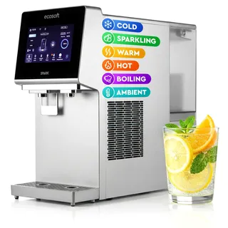 Ecosoft Wasserspender Spark – Auftisch Osmoseanlage mit 4-Stufiger-Filtrierung – UV-Reinigung, Touchscreen & WLAN-App-Steuerung – Sprudel-, Kalt- und Heißwasser