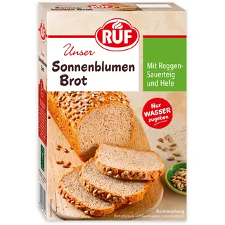 RUF Sonnenblumen Brot, nur Wasser hinzufügen, Brotbackmischung mit Sonnenblumenkernen, Brotteigmischung mit Roggen-Sauerteig und Hefe für Sonnenblumenkernbrot, 1 x 410g