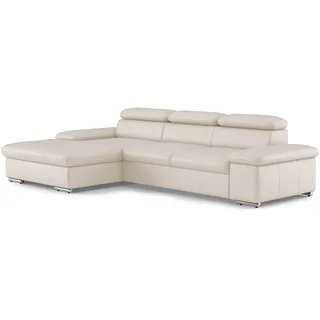 CAVADORE Echtleder-Schlafcouch Valerie mit XL-Longchair / Ecksofa mit Bettfunktion, Kopfteilverstellung + großem Longchair / 286 x 73 x 174 / Leder Weiß