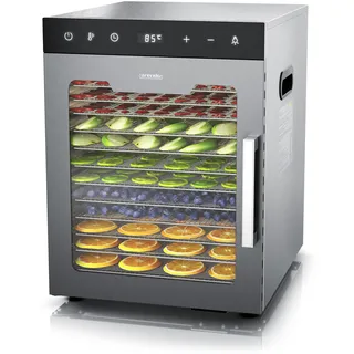 Arendo - Dörrautomat Edelstahl mit 12 Edelstahlgitter - 800 W - 30°- 90°C - 12 Edelstahl Einlegetabletts mit insgesamt 10.000 cm2 - Dörrgerät Dehydrator Obsttrockner Dörrapparat - Obst Fleisch Pilze
