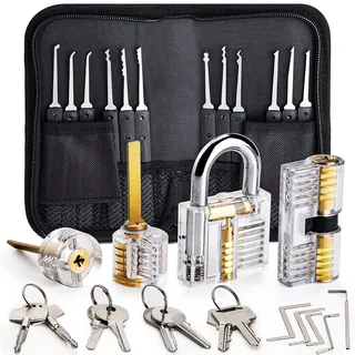 Preciva Dietrich-Set, Preciva 26-teiliges Dietrich-Werkzeug, Dietrich-Set mit 4 transparenten Vorhängeschlössern für Anfänger und Schlossertraining, Schwarz