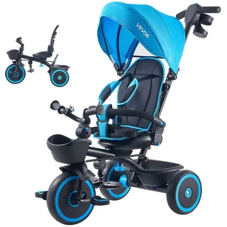 Vevor Dreirad für Kinder von 1 bis 5 Jahren, mit Schubstange, Klappbarem Verdeck, Verstellbarem Sitz und Aufbewahrungskorb, Kinderdreirad als Geschenk für Jungen und Mädchen, Blau+Schwarz