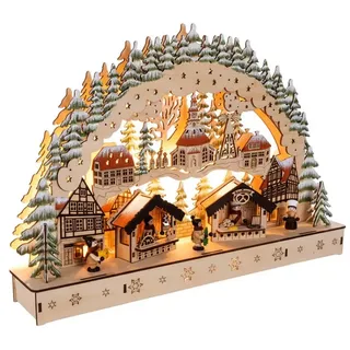 Spetebo LED Holz Schwibbogen 44 x 30 cm - Motiv: Wintermarkt - Lichterbogen mit Weihnachtsmotiv - Weihnachtsdeko Tischdeko Fensterdeko Weihanchten Advent Winter Deko Batterie betrieben
