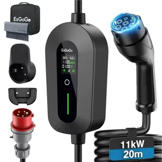 EzGoGo Mobile Wallbox 11kW Ladegerät Typ 2 (3-phasig) mit 20m Ladekabel CEE 16A auf Typ 2 | EV Ladestation mit Einstellbarer Stromstärke [6/8/10/13/16A] | Hochwertiger IP65 Schutz | Für EVs & PHEVs