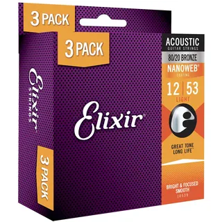 ELIXIR Strings, Akustikgitarrensaiten, 80/20 Bronze mit NANOWEB-Beschichtung, langlebiger Ton mit angenehmem Spielgefühl, 3er-Pack, Light 12-53