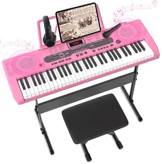 Klaviertastatur für Anfänger, 61-Tasten-E-Keyboard mit Keyboardständer, Klavierbank, Mikrofon, Kopfhörer, Notenständer, LED-Bildschirm, zwei Lautsprecher, Lehrmodus,Geeignet für Kinder von 3-8 Jahren