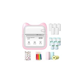 Mini Drucker, Handy Sticker Drucker Fotodrucker für Smartphone für Foto Memo Etikettenlisten, mit 5 Rollen Druckpapier, 5 Rollen Aufkleber, Farbstifte, 3 Rollen Farbpapier und 1 Farbige Aufkleber