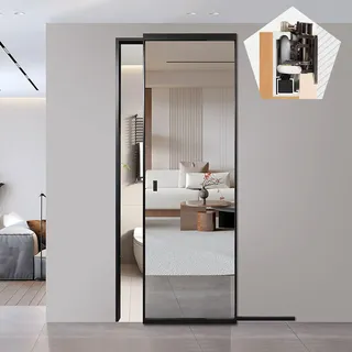Schiebetür Komplettset Verdeckte Schiebetürbeschläge mit Spiegel, Schienenlose Schiebetür mit Soft-Close-Mechanismus, Schiene für Kleiderschranktüren (81–180 cm Lang)(112cm/44in)