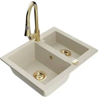 Mexen Carlos 1,5-Becken-Granitspüle mit Mischbatterie Elia, Beige - 6518-69-670101-50 - Beige