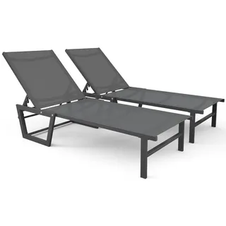 VOUNOT 2er Set Sonnenliege mit 5-Fach Verstellbarer Rückenlehne, Gartenliege aus Aluminium und Textilene, bis 180 kg belastbar für Garten, Balkon, Terrasse und Pool, Grau