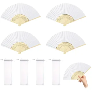 4 Stück Fächer Hochzeit, Faltbare Handfächer Zum Bemalen Kreative Blanko Papierfächer Hand Fan aus Bambus Taschenfächer für Hochzeit Gäste Geschenk Geburttag Party DIY und Wand Dekoration(Weiß)