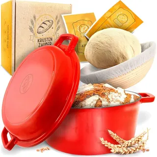 krustenzauber Gusseisen Topf Brot Backen [inkl. Gärkorb] - Hochwertiger Emaille Topf 26cm - Idealer gusseiserner Brottopf zum Backen, Gusseisentop...