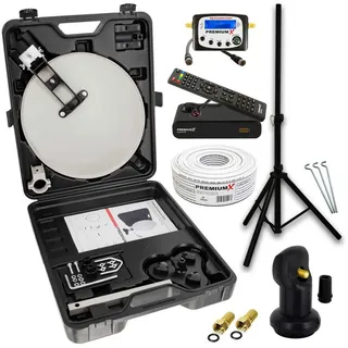 PremiumX Mobile Camping SAT Anlage Satellitenschüssel TV Receiver Satelliten-Finder Single LNB 10m Kabel Koffer Camp Stativ