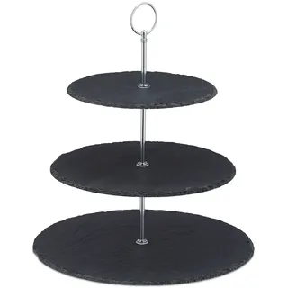 Relaxdays Etagere, 3 Etagen, Schiefer, Kuchen, Snacks, Obst, Metallgriff, Servierständer, HxD 34x30 cm, anthrazit/silber,
