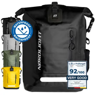 Nordlight Wasserdichter Rucksack Roll Top 25L - Hybrid 25" (Schwarz) | Dry Bag Rucksack mit 15 Zoll Laptopfach, Außen- und Innentaschen, gepolsterter Tragesystem