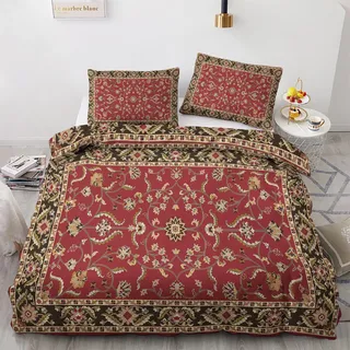 Generisch Orientalisch Bettwäsche 155x220 Sommer - Rot Schwarz Gold Traditionell Blumen Bettbezug 155x220 3teilig mit 2 Kissenbezug 80x80, Weiche Mikrofaser Sommerbettwäsche mit Reißverschluss J-&220