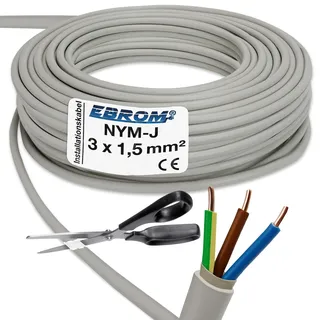 EBROM NYM-J 3x1,5 mm2 - Mantelleitung - Installationsleitung - Feuchtraumleitung - grau - große Auswahl in vielen Längen in 5 Meter Schritten bis 250 Meter am Stück - Ihre Länge: 3x1,5 mm2, 5 Meter