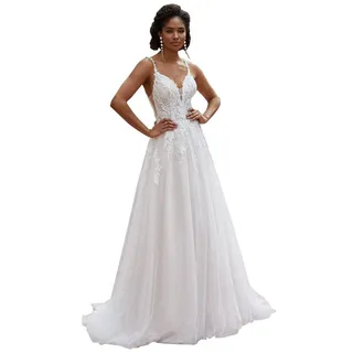 Damen Tüll A-Linie Brautkleider Hochzeitskleid Spitze Appliques Spaghettiträger Brautmode Brautkleider für Braut - 38