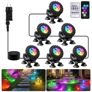 NATPOW Bluetooth APP Teichbeleuchtung LED Unterwasser, Unterwasserbeleuchtung RGB Teichlicht mit Fernbedienung, IP68 wasserdicht, Farbwechsel Gartenbeleuchtung für Garten, Patio, Baum(6 in 1)