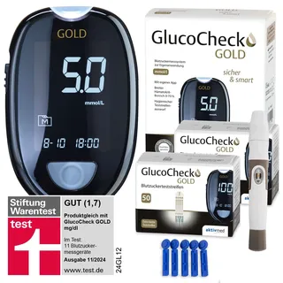 GlucoCheck GOLD Blutzuckermessgerät mmol/l + 110 Blutzuckerteststreifen