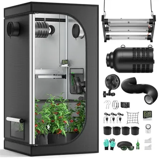 Growzelt Komplettset mit integriertem Controller, 150W Vollspektrum LED Wachstumslampe, 80X80X160cm, mit 7" Automatischer Belüftungssat mit Kohlefilter, Hydroponics Grow Zelt mit Thermometer