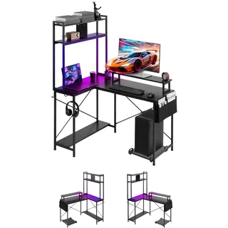 Vevor Gaming Tisch L Form 1,2 m, Eck-Computertisch mit Monitorständer, Steckdosen, Verschiebbarem CPU-Ständer & Ablage, Eckschreibtisch 68 kg Tragfähigkeit, Gamertisch für Homeoffice