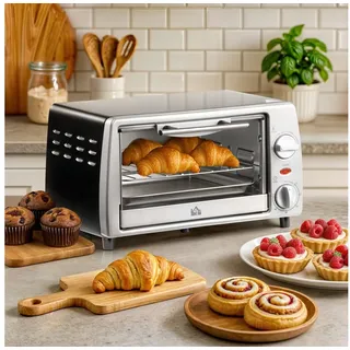 Homcom Minibackofen 10l 750 W silber inkl. Backblech + Grillrost + Bodenschale