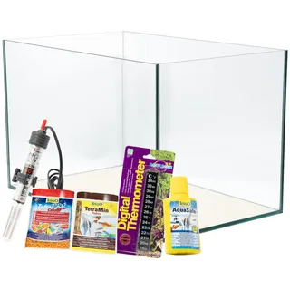 VIALIA Aquarium Set 60x30x30 cm Weiß, 54 Liter Glasbecken ohne Abdeckung | Starterset inkl. Heizer, Thermometer, Futter & Wasseraufbereiter, Floatglas mit Diamantschliff für Süß- & Meerwasser