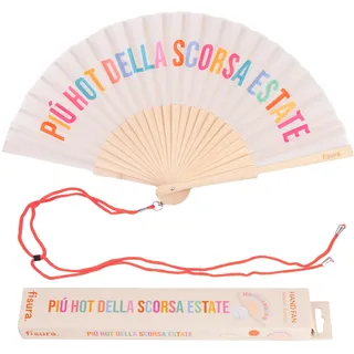 Fisura – Handfächer aus Holz mit der Aufschrift "Più hot della scorsa estate“. Trendiges, stilvolles Accessoire in Beige, tragbarer Ventilator mit praktischem Aufhänger. Maße: 42,5 x 23 cm