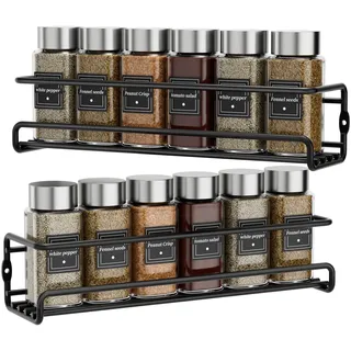 Petgulu Gewürzregal Wand, 2er Set Gewürz Organizer Ohne Bohren, Gewürzhalter Hängend aus Metall mit Selbstklebende und Schrauben für Gewürzdosen, Küchenschrank, Speisekammertür(Schwarz)