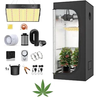 JUNG Gewächshaus Growbox Komplettset 60x60x140 cm, 13-St., Anbau Set, Growzelt mit LED Vollsprektrum Dimmbar, mit Ventilator