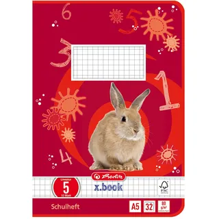herlitz Schulheft x.book A5, Lineatur 5, 2. Klasse, kariert, ohne Rand, 32 Blatt, 5 Stück