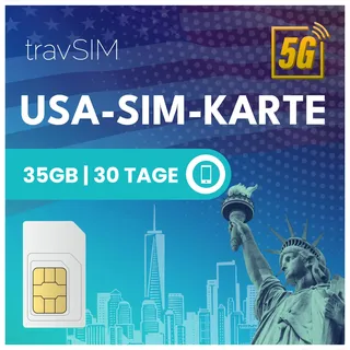 travSIM USA SIM Karte | 35GB Mobile Daten mit 4G/5G Geschwindigkeiten für die USA – Voller Zugang zu Google, Facebook, Whatsapp & Mehr | SIM Karte USA plan mit 30 Tagen Gültigkeit