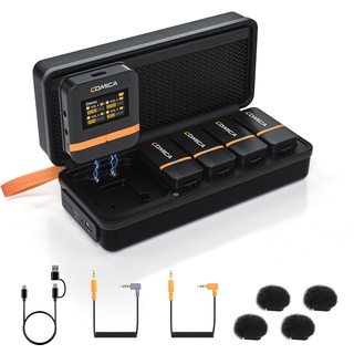COMICA Vimo Q Lavalier Wireless Mikrofon mit 4 Sendern und 1 Receiver, 48kHz/24bit Audioqualität, Geräuschunterdrückung, 200M Reichweite, Ansteckmikrofon kabellos für DSLR-Kamera, Handy, iPhone, PC