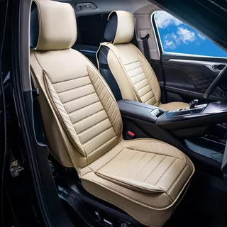 Vevor Sitzbezüge, Universal Autositzbezüge Vordersitze, 2 STK. Kunstleder Sitzbezug, Halbgeschlossenes Design, abnehmbare Kopfstütze und Airbag kompatibel, für die meisten Autos SUVs und Trucks Beige