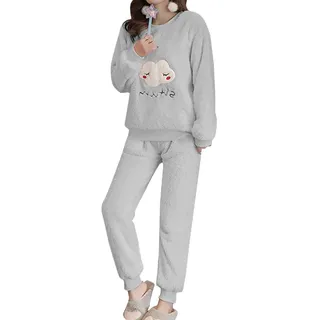 Minetom Herbst Winter Pyjamas Damen Mädchen Zweiteiler Ensembles Warm Coral Fleece Nachtwäsche Süße Plüsch Schlafanzug Langarm Shirt und Hose D Grau 38 - 38