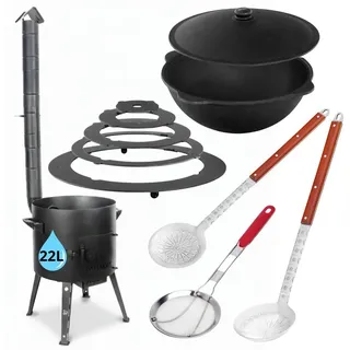 4BIG.fun Feuerstelle Utschak mit Kazan 22L Uchag Abzugsrohr Campingofen, (Feuerofen mit Gulaschkessel, Schaumkelle und Grillfächer) schwarz