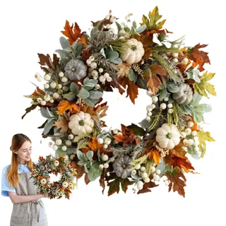 Mgichoom Herbst TürKranz WandKranz | 45cm Kranz Deko Herbst Dekoration Türkranz | Künstliches Rattan Kürbis Ahornblatt Beere Herbst TürKranz WandKranz Als Tür Fenster Wandbehang Dekoration