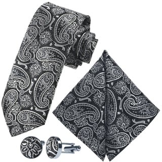 GASSANI Krawatte Hochzeitskrawatte Paisley Festlich, Herren-Krawatte Hochzeit Schlips (Set, 3-St., Krawattenset, Einstecktuch, Manschettenknöpfe) Dünn, Schmal, Slim Tie, Satin Jacquard Floral Gemustert, Seide-Touch grau|schwarz|silberfarben