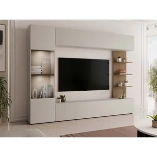 Mirjan24 Wohnwand Lazando, Anbauwand, Mediawand, Schrankwand bestehend aus Hängeschrank, Vitrine, TV-Lowboard und Wandregal (Cashmere/Cremona Eiche, mit weißer LED Beleuchtung)