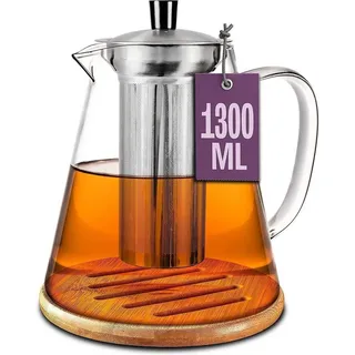 Cosumy Teekanne Teekanne Glas mit Edelstahl Siebeinsatz 1,3 L - Mit Untersetzer, 1300 l, (Set, Teekanne mit Siebeinsatz und Untersetzer), mit Siebeinsatz inkl. Untersetzer - Spülmaschinenfest - Hitzebeständig weiß
